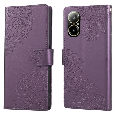 For Realme C67 4G  /  12 Lite 4G Case Rose Flower PU Leather Wallet Phone Cover with 3 Card Slot - Dark Purple