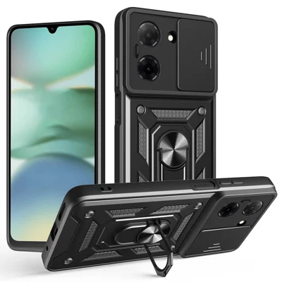 For Xiaomi Redmi A5 4G (171.7mm) / Poco C71 4G Case with Slide Camera Lid PC + TPU Kickstand Phone Cover - Black