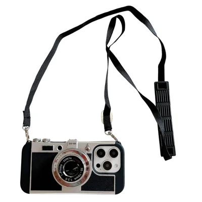 For iPhone 16 Pro Case Vintage Style Camera Design Phone Cover with Crossbody Strap