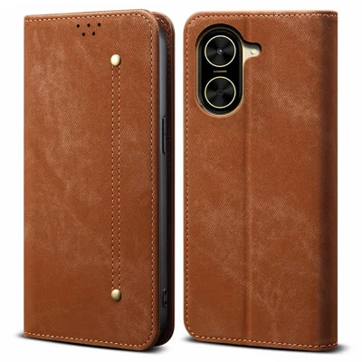 For Xiaomi Redmi A5 4G (171.7mm) / Poco C71 4G Case Jeans Cloth Texture Anti-Scratch Leather Stand Phone Cover - Coffee