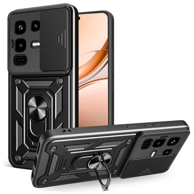 For Infinix Note 50 Pro 4G Case with Slide Camera Lid PC + TPU Kickstand Phone Cover - Black