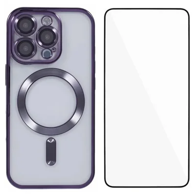 WANLONFENG For iPhone 16 Pro Max Magnetic Case Full Protection Electroplated TPU Cover with Tempered Glass - Dark Purple