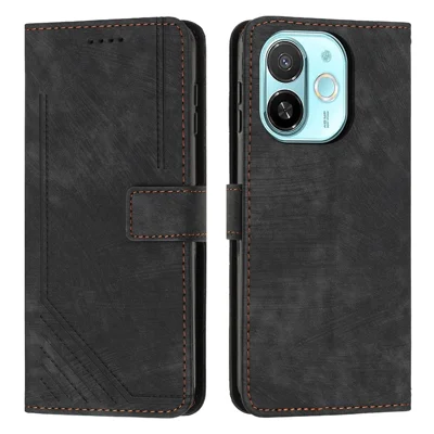 For TECNO Spark 30C 5G / Pop 9 5G Case Imprinted Lines Leather Phone Cover with Stand - Black