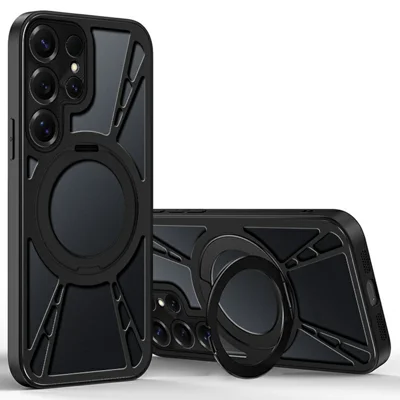 For Samsung Galaxy S23 Ultra Case Magnetic Kickstand Hollow Heat Dissipation Silicone + PC + Metal Bumper Phone Cover - Black