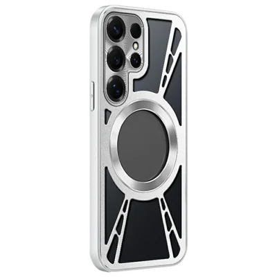 For Samsung Galaxy S24 Ultra Case Magnetic Hollow Heat Dissipation Silicone + PC + Metal Bumper Phone Cover - Silver