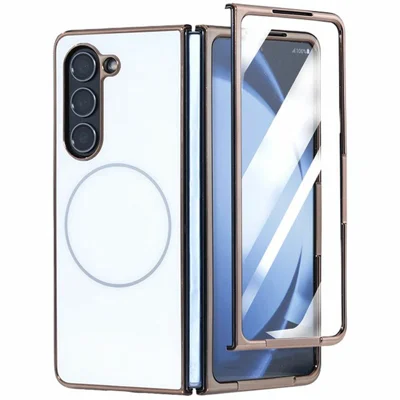 For Samsung Galaxy Z Fold5 5G Magnetic Case Electroplated Matte PC Phone Cover with HD Screen Film - White