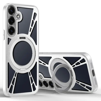 For Samsung Galaxy S24 Case Magnetic Kickstand Hollow Heat Dissipation Silicone + PC + Metal Bumper Phone Cover - Silver