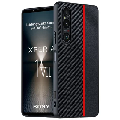 Obudowa do Sony Xperia 1 VII, skórzana obudowa z twardym pokrowcem PC, faktura węglowej, kolor czarny / czerwony