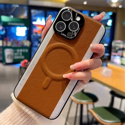 For iPhone 15 Pro Max Case Compatible with MagSafe Splicing Color PC + PU Leather Phone Back Cover - Brown