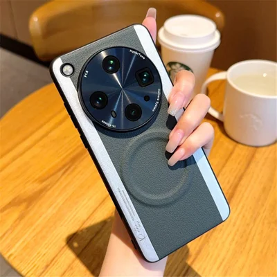 For Oppo Find X8 Ultra 5G Magnetic Case Splicing Color PC + PU Leather Phone Back Cover - Army Green