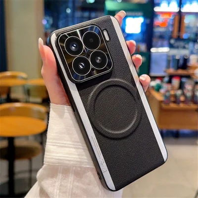 For Xiaomi 15 Magnetic Case Splicing Color PC + PU Leather Phone Back Cover - Black