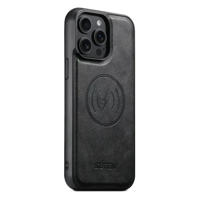 SUTENI G5 For iPhone 14 Pro Max Case Compatible with MagSafe Cowhide Texture Leather Back Cover - Black