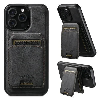 SUTENI M5 For iPhone 15 Pro Max Magnetic Case with Card Bag Cowhide Texture Leather Phone Back Cover - Black