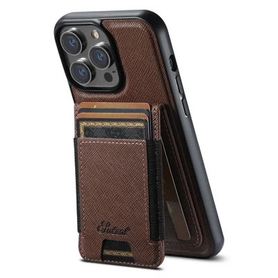 SUTENI H17 For iPhone 14 Pro Max Magnetic Case Cross Texture Leather Phone Back Cover with Detachable Card Bag - Brown