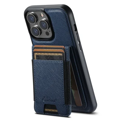 SUTENI H17 For iPhone 13 Pro Max Magnetic Case Cross Texture Leather Phone Back Cover with Detachable Card Bag - Blue