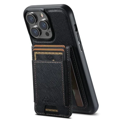 SUTENI H17 For iPhone 12 Pro Max Magnetic Case Cross Texture Leather Phone Back Cover with Detachable Card Bag - Black