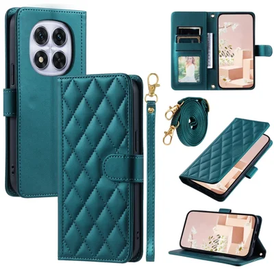 For Xiaomi Redmi Note 14 Pro 4G Case Wallet Rhombus Grid PU Leather Phone Cover with Shoulder Strap / Wrist Strap - Green