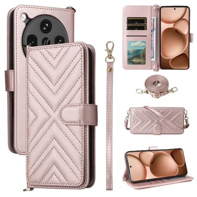 Voor Oppo Find X8 Ultra 5G hoesje met schouder-/polsriem Lederen telefoonhoes met standaard portemonnee - Roze