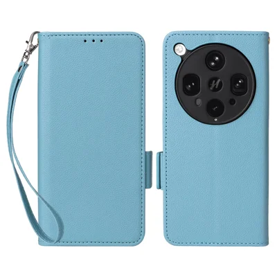 For Oppo Find X8 Ultra 5G Case with Wrist Strap Litchi Texture PU Leather Wallet Phone Cover - Baby Blue