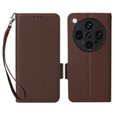 For Oppo Find X8 Ultra 5G Case with Wrist Strap Litchi Texture PU Leather Wallet Phone Cover - Brown