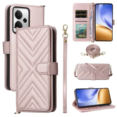 For Realme 14T 5G / 14 5G Case with Shoulder / Wrist Strap Leather Phone Cover Stand Wallet - Pink
