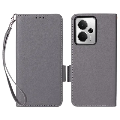 For Realme 14T 5G / 14 5G Case with Wrist Strap Litchi Texture PU Leather Wallet Phone Cover - Grey