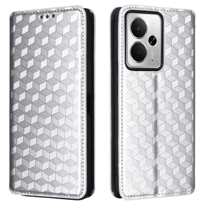 For Realme 14T 5G / 14 5G Case Wallet Rhombus Imprinted Leather Phone Cover - Silver