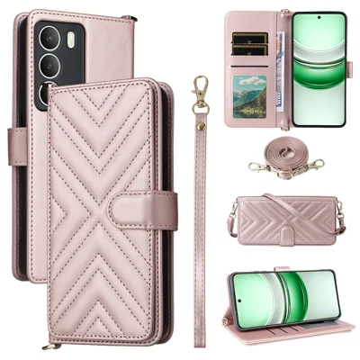 Phone Case For Realme C73 5G / 14x 5G / V70 5G / V70s 5G Leather Cover Stand Wallet with Shoulder / Wrist Strap - Pink