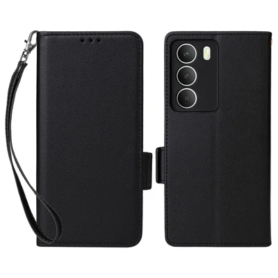 Phone Case For Realme C73 5G / 14x 5G / V70 5G / V70s 5G Litchi Texture PU Leather Wallet Cover with Wrist Strap - Black