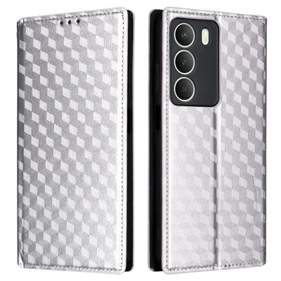 Phone Case For Realme C73 5G / 14x 5G / V70 5G / V70s 5G Wallet Rhombus Imprinted Leather Cover - Silver