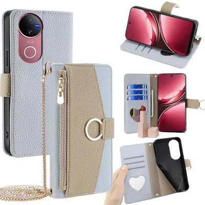 For vivo V50 5G Case Mirror Wallet Leather Phone Cover with Chain Shoulder Strap - Blue