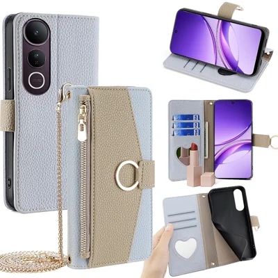 For vivo V50 Lite 5G Case Mirror Wallet Leather Phone Cover with Chain Shoulder Strap - Blue