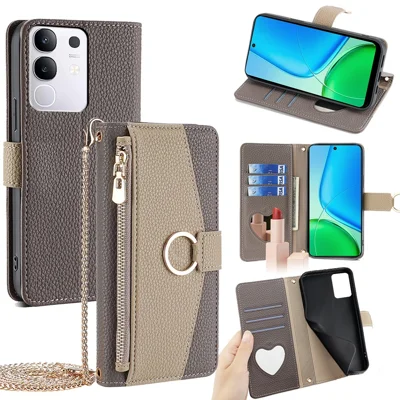 For vivo Y29 4G Case Mirror Wallet Leather Phone Cover with Chain Shoulder Strap - Grey