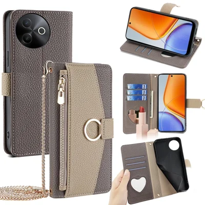 For vivo Y39 5G Case Mirror Wallet Leather Phone Cover with Chain Shoulder Strap - Grey