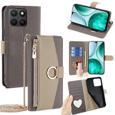 Voor Honor X8c 4G hoesje Spiegel Portemonnee Leren telefoonhoes met ketting schouderriem - Grijs