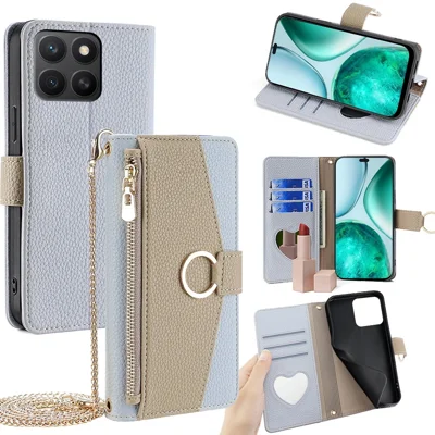 Voor Honor X8c 4G hoesje met spiegel, portemonnee, lederen telefoonhoes met ketting schouderriem - Blauw