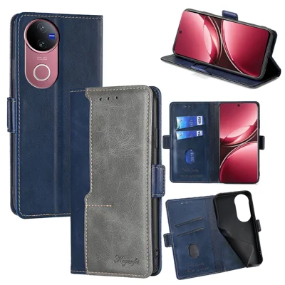 For vivo V50 5G Case Contrast Color Wallet Leather Phone Cover - Blue + Grey