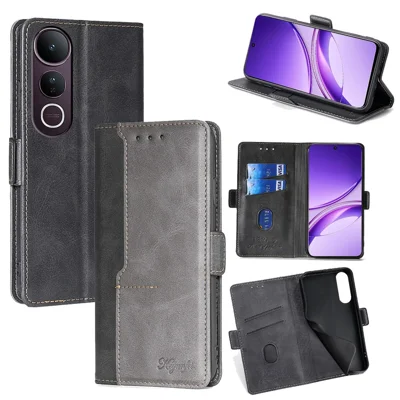 For vivo V50 Lite 5G Case Contrast Color Wallet Leather Phone Cover - Black + Grey