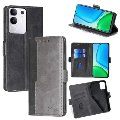 For vivo Y29 4G Case Contrast Color Wallet Leather Phone Cover - Black + Grey