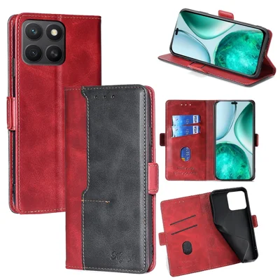 Voor Honor X8c 4G hoesje met contrasterende kleuren portemonnee lederen telefoonhoes - Zwart + Rood
