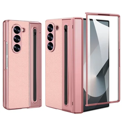 For Samsung Galaxy Z Fold5 5G Case with Screen Film / Stylus Hinge Protection Electroplated PU + PC Phone Cover - Pink
