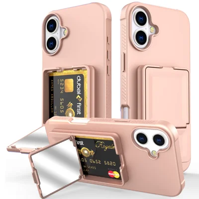 For iPhone 16 Case Skin-Touch Card Holder TPU + PC Phone Cover with Mirror Kickstand - Rose Gold