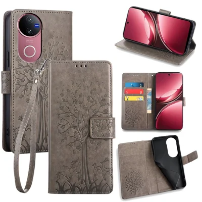 For vivo V50 5G Case PU Leather Wallet Phone Cover Tree Deer Imprinted - Grey