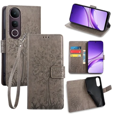 For vivo V50 Lite 5G Case PU Leather Wallet Phone Cover Tree Deer Imprinted - Grey