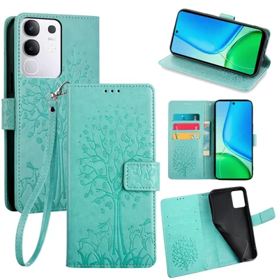 For vivo Y29 4G Case PU Leather Wallet Phone Cover Tree Deer Imprinted - Green