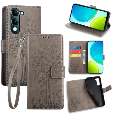 For vivo Y29s 5G / Y04 4G Case PU Leather Wallet Phone Cover Tree Deer Imprinted - Grey
