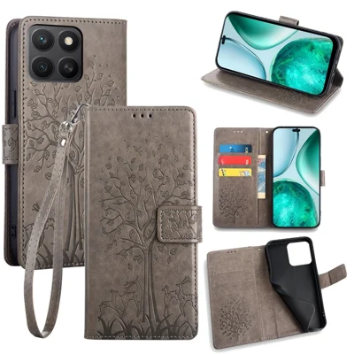 Voor Honor X8c 4G hoesje PU lederen portemonnee telefoonhoes met geprinte boom en hert - Grijs