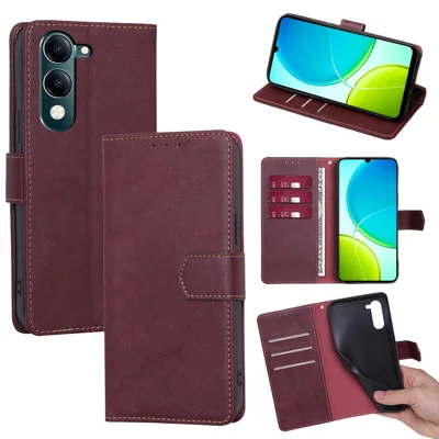 For vivo Y29s 5G / Y04 4G Case Leather Phone Cover with RFID Blocking Wallet - Wine Red