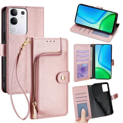 For vivo Y29 4G Case Zipper Pocket PU Leather Wallet Flip Phone Cover - Rose Gold