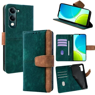 For vivo Y29s 5G / Y04 4G Case RFID Blocking Color Splicing PU Leather Wallet Phone Cover - Green